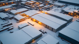 Aerial view of an industrial park blanketed in snow, buildings lit by warm lights, creating a striking contrast between cold white and the inviting glow of activity.