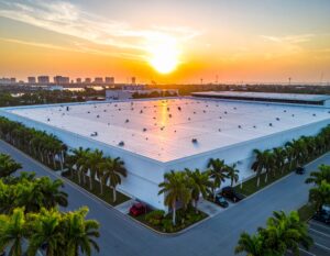 commercial warehouse with palm trees around it rooftop view