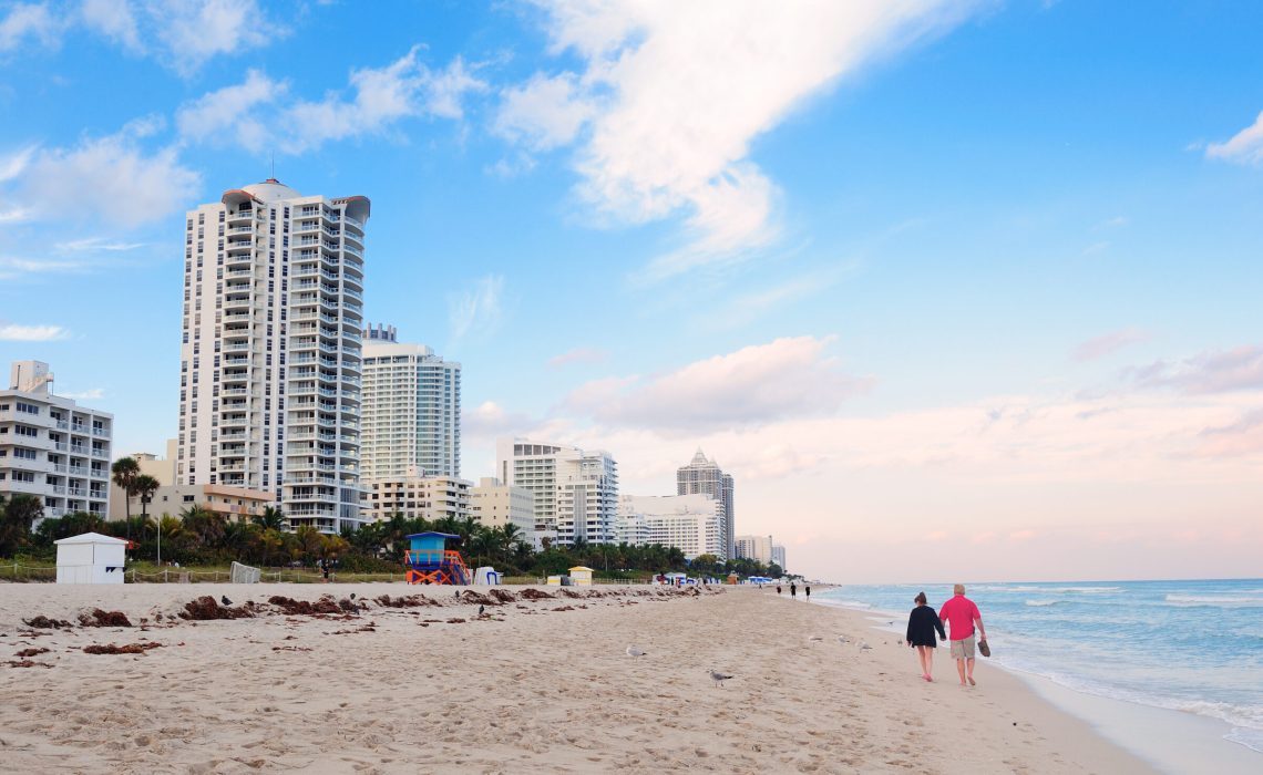 Miami South Beach with blue sky and hotels